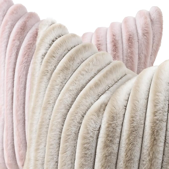 decorUhome Fall Faux Fur Throw Pillow Covers 12x20 Set of 2 Beige White | Decorative Soft Cozy Striped Plush Modern Farmhouse Boho Couch Pillow Cases Velvet Back for Sofa Bed Living Room Home Decor