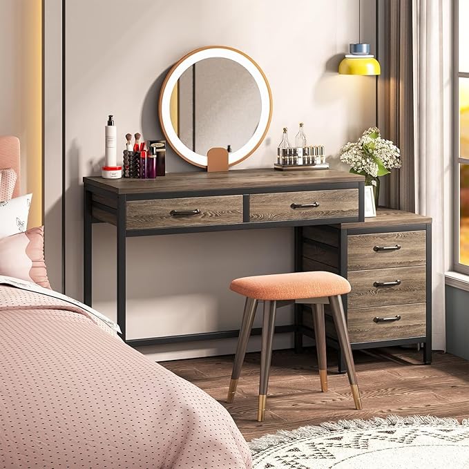 Tribesigns Computer Desk with 5 Drawers, Reversible Home Office Desks | Small Desk with Drawer Cabinet Printer Stand, PC Desk with Storage, Grey Study Writing Table Workstation for Small Spaces