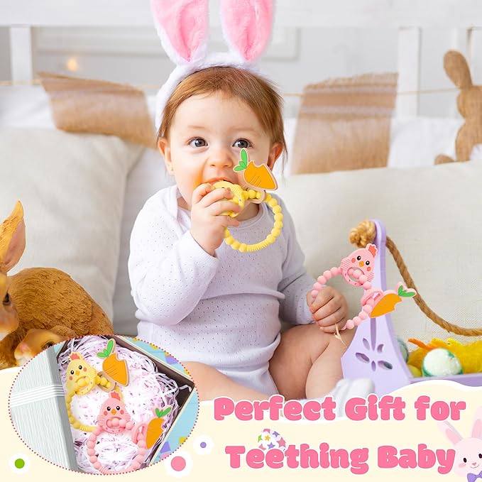 Silicone Teether Toys for Babies - 2ooya 2Pcs Easter Pink Yellow Carrot Chick Teething Ring Infant Soft Teethers, Toddler Teething Chew Toys for Newborn Boy and Girl Easter Baby Shower Birthday Gifts