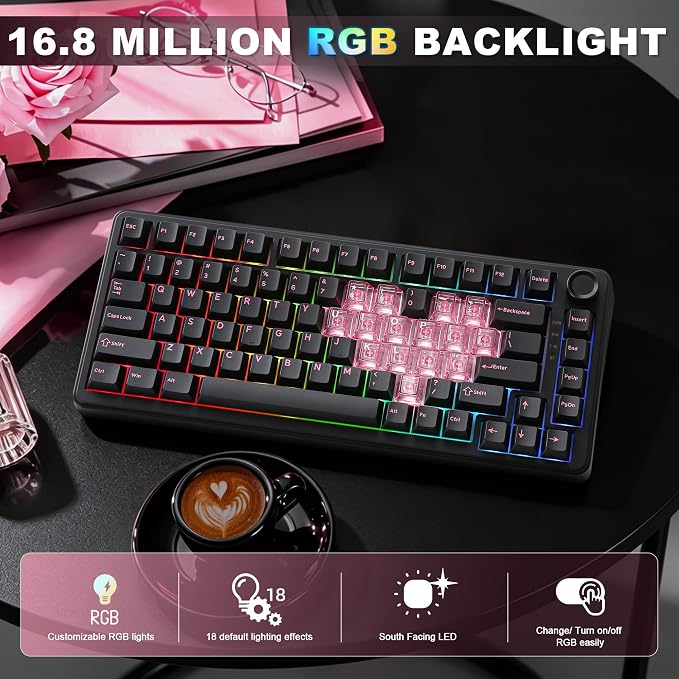 YUNZII B75 PRO 75% Wireless Mechanical Keyboard (Black Heart, MilkV2) | Hot Swap Keyboard with Knob, Gasket Mount, Creamy Pre-lubed Switch for Smooth Typing, BT/USB-C/2.4G, for Gaming