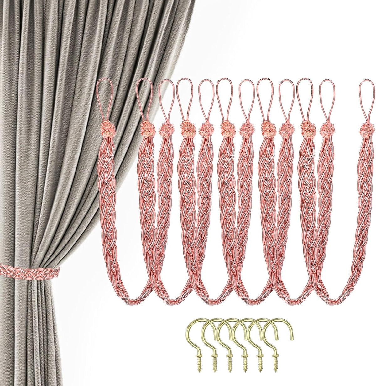 PATIKIL 23inch Curtain Tiebacks, 6 Pack Curtain Tie Backs Handmade Braided Drapery Tiebacks Lovely Cute Versatile Holdback Rope with Hook for Curtains Drapes Wall Window, Pink