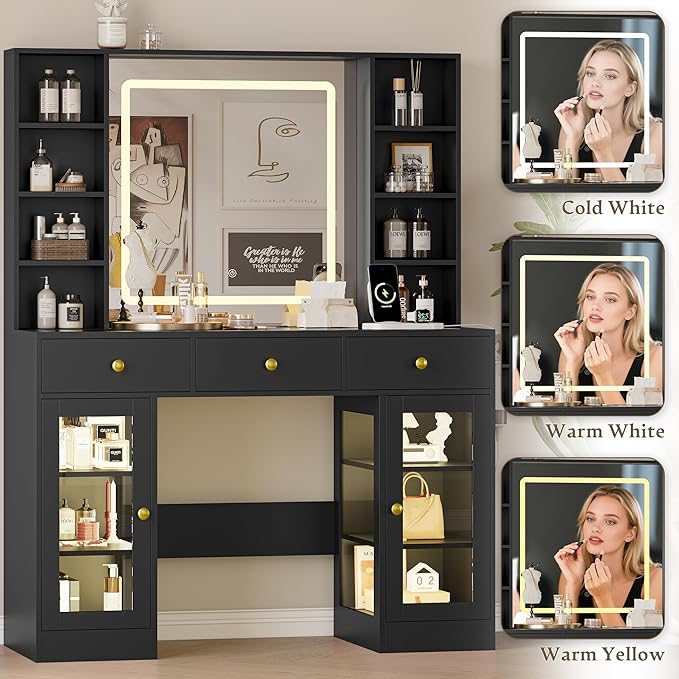 Makeup Vanity Desk with Mirror and Lights, 43" Black Vanity with Glass Top, Jewelry Storage, 3 Drawers & Glass Cabinets, Power Outlet & Adjustable LED Lights, Dressing Table for Women & Girls Bedroom