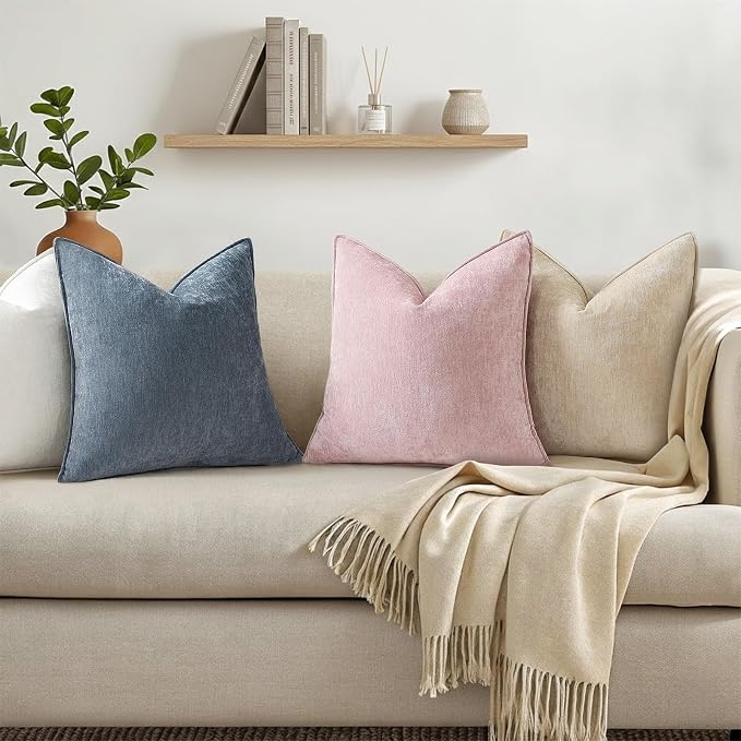 decorUhome Chenille Haze Blue Velvet Throw Pillow Covers 18x18 Set of 2 | Fall Soft Couch Decorative Modern Farmhouse Pillow Cases with Elegant Design for Sofa Bed Living Room Home Decor