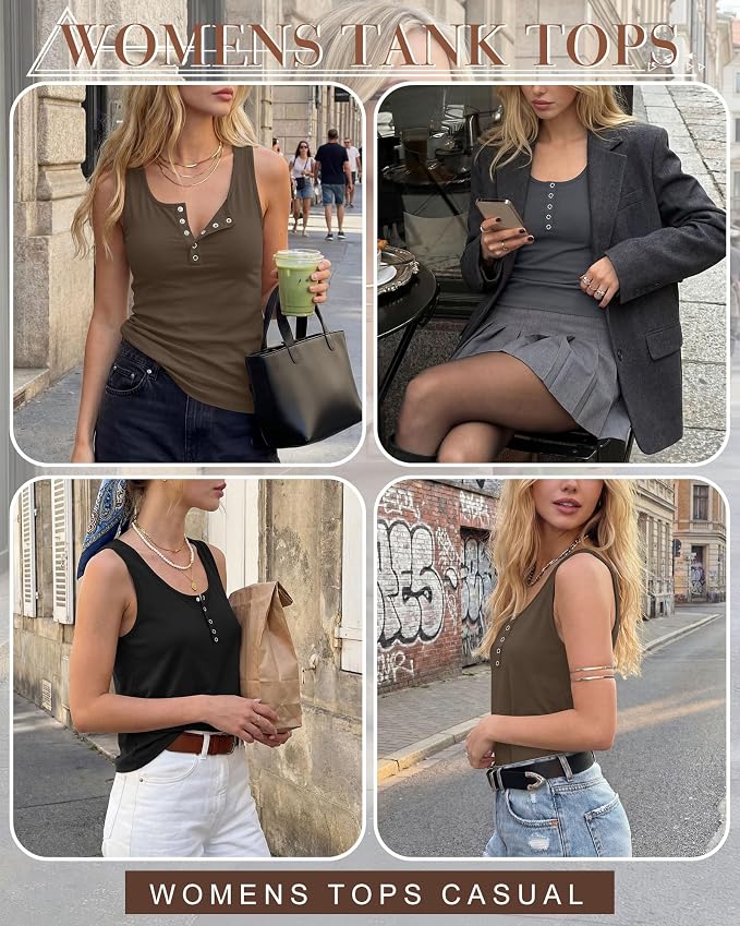 Ficerd 3 Pack Women's Henley Tank Tops Sleeveless Button Down Summer Shirts 2026 Casual Trendy Loose U Neck Tee Blouses