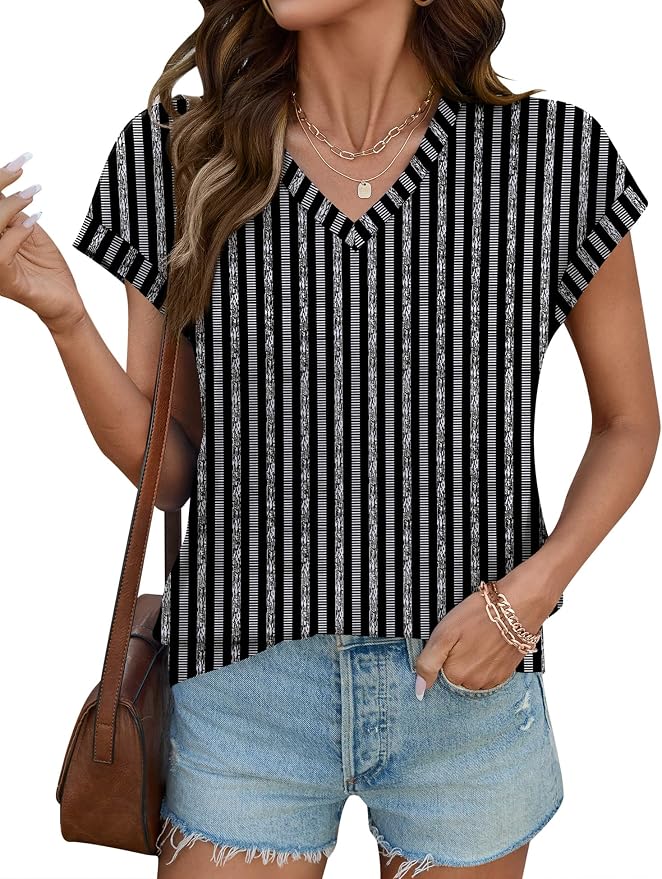 Rapbin Womens Summer Tops Women Blouses Dressy Casual V Neck T Shirts Short Sleeve Spring Tops for Women