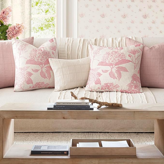 Foindtower Set of 2 Linen Floral Throw Pillow Covers Neutral Vintage Print Decorative Cozy Cushion Covers Farmhouse Boho Home Decor for Sofa Chair Couch Bedroom Living Room,24×24 Inch,Light Pink