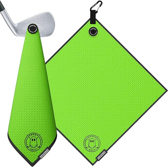 Ghost Golf Magnetic Towel (Greenside) - Premium Ultra-Absorbent Microfiber Golf Towel with Magnet for Golf Carts or Clubs - 18" x 18" Golfing Gear - Waffle Weave Pattern (Neon Green)