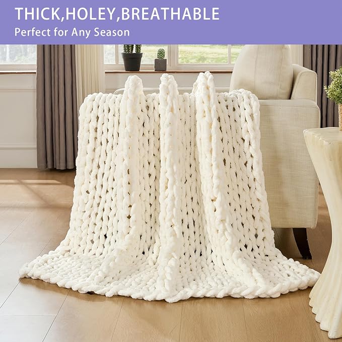 Bigacogo Chunky Knit Throw Blanket for Couch, 40x80 inches, Ivory | Hand Knit with Jumbo Chenille, Soft Breathable Cable Knit for Sofa Bed Living Room, Machine Washable, Gift for Mom Friend