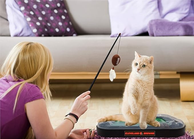 Pets First Cat Toy NFL CLEVELAND BROWNS FOOTBALL FIELD CAT SCRATCHER TOY with CATNIP Filled Plush FOOTBALL Toy & Feather Cat Toy hanging, with Jingle Bell INTERACTIVE BALL Cat Chasing 5-in-1 KITTY Toy
