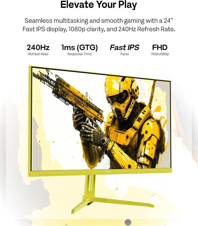 Pixio PX249 Wave Yellow 24 inch 240Hz Refresh Rate FHD 1080p Resolution Fast IPS Panel 1ms GTG Response Time Built-in Speakers Gaming Monitor with Adaptive Sync