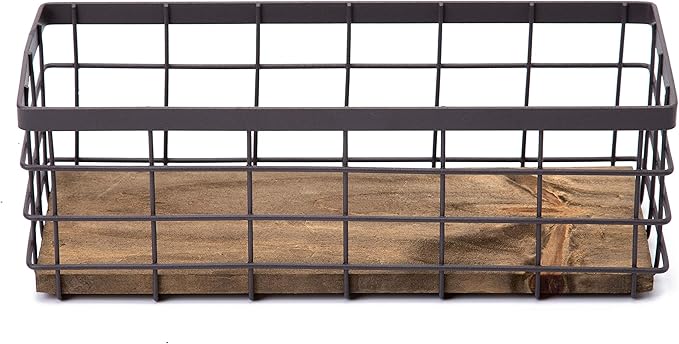 TIEYIPIN Small Metal Wire Storage Basket, Detachable Wood Base Storage Organizer Bin Basket for Kitchen Cabinets, Bathroom, Pantry, Garage, Laundry Room - Brown