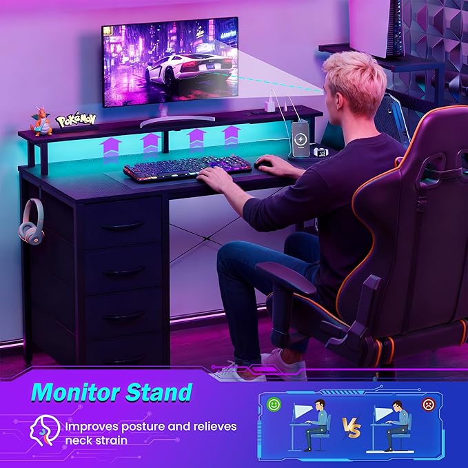 59 Inch Gaming Desk with Drawers & PC Tower Stand & LED Lights, Black | Reversible, Monitor Shelf, Power Outlets, Carbon Fiber, Mesa Gamer, Computer Desk with Storage, Gaming Table for Home Office