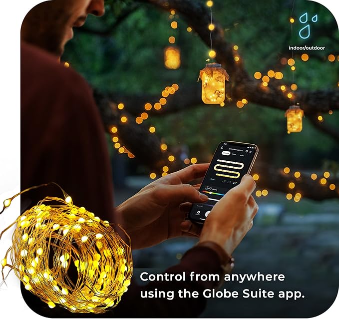 Globe Electric 50597 Wi-Fi Smart Multicolor Changing RGB LED Music Sync Plug-in Fairy Lights, No Hub Required, Voice Activated, 10 Meters/32.8 Feet, IP65 Rated, Indoor, Outdoor