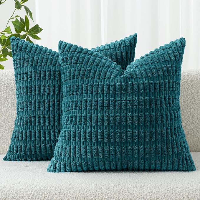 MIULEE Pack of 2 Corduroy Decorative Euro Sham Throw Pillow Covers 24x24 Inch Soft Boho Striped Pillow Covers Modern Farmhouse Home Decor for Summer Coastal Sofa Living Room Couch Bed Teal
