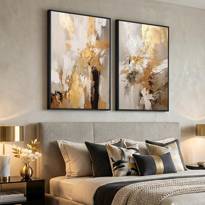 Large Framed Neutral Abstract Wall Art, 2 Piece Modern Canvas Prints Paintings, Beige Gold Abstract Pictures for Living Room Hallway Dining Room Bedroom Office Wall Decor 24x36 In
