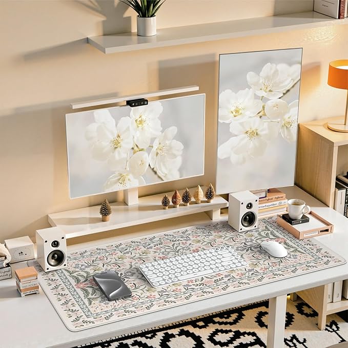 iCasso Desk Mat for Women Desk Accessories, 35.4x15.7in,Cozy Gray Floral | Back to School XXL Large Mouse Pad, Anti-Slip Big Mousepad with Stitched Edges,Smooth Water-Resistant