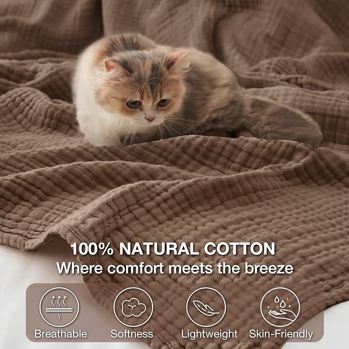 100% Cotton Muslin Blanket King 108" x 90", Breathable and Lightweight Cotton Throw Blanket for Bed, Soft Cooling Summer Gauze Blanket for Adults All Season, Brown