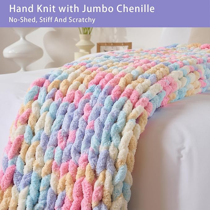 Bigacogo Chunky Knit Throw Blanket for Couch, 40x40 inches, PastelDreamMix | Hand Knit with Jumbo Chenille, Soft Breathable Cable Knit for Sofa Bed Living Room, Machine Washable, Gift for Mom Friend