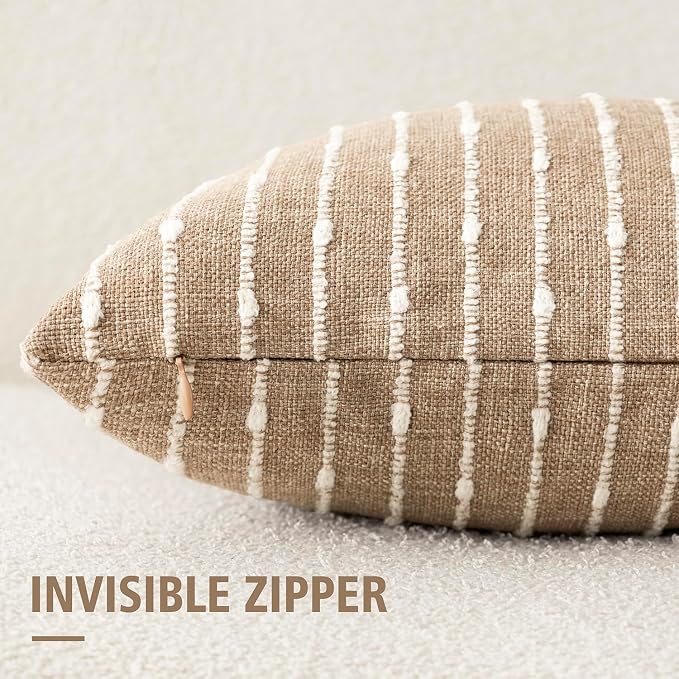Foindtower Pack of 2 Decorative Jacquard Boucle Throw Pillow Covers Accent Textured Striped Pillowcases Soft Cozy Boho Modern Cushion for Couch Sofa Bedroom Living Room Home Decor 22x22 Inch Camel
