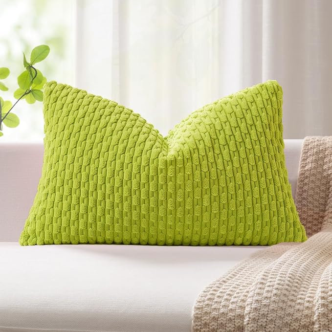 Kevin Textile Soft Corduroy 12"x20" Lumbar Pillow Cover 1 Pack, Xmas Green | Boho Stripe Plush Corduroy Decorative Oblong Cushion Cover Modern Farmhouse Home Decor for Sofa Couch Bed Chair