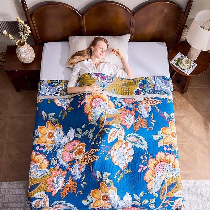 XIBLC Boho Throw Blanket, Blue Lightweight Blankets for Summer, 100% Cotton Bohemian Decorative Throw Blanket, 90"x98" Reversible Muslin Breathable Woven Farmhouse Blankets Quilt,