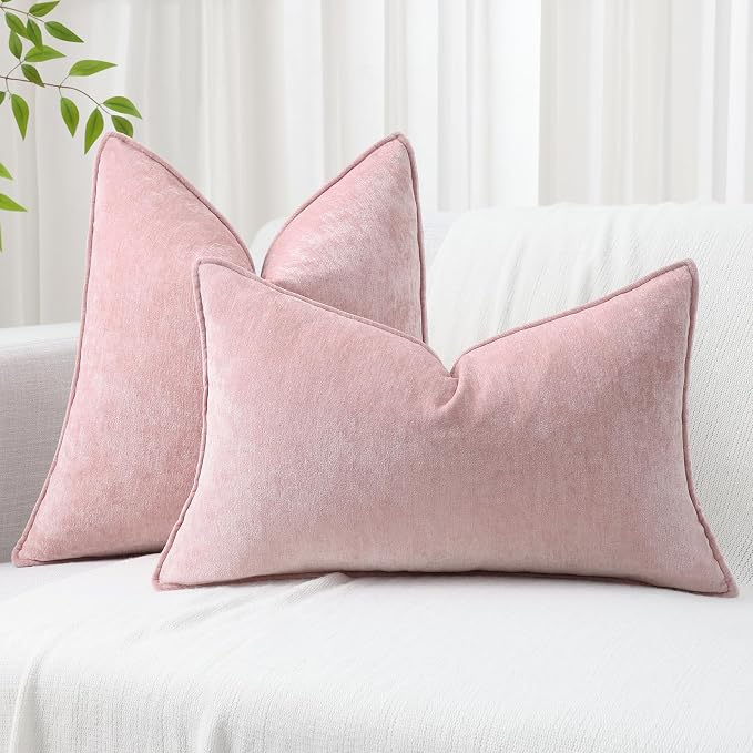 decorUhome Chenille Blush Pink Velvet Throw Pillow Covers 12x20 Set of 2 | Fall Soft Lumbar Couch Decorative Modern Farmhouse Pillow Cases with Elegant Design for Sofa Bed Living Room Home Decor