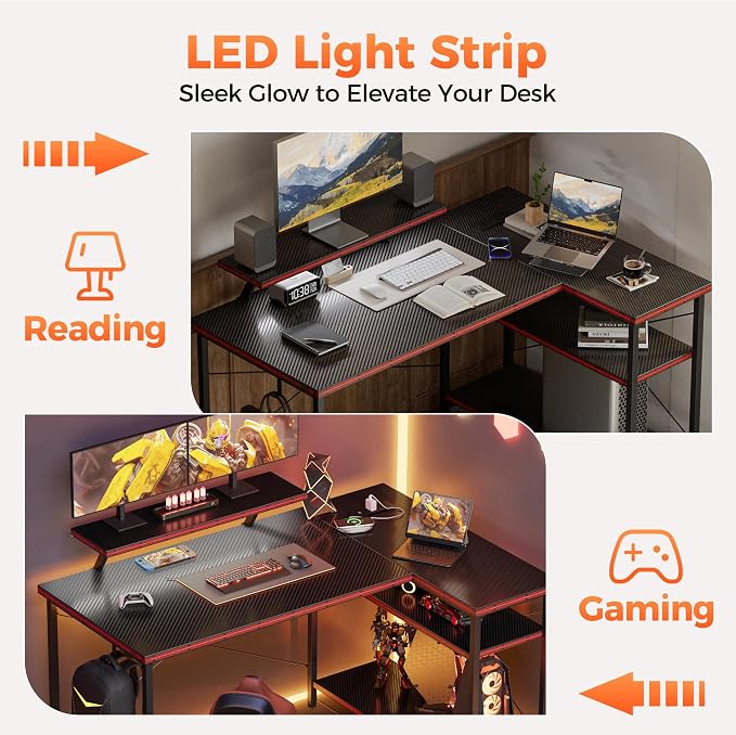 Mericonia 55 in L Shaped Gaming Desk, Large Corner Desk with Monitor Stand | Reversible Computer Desk with Power Outlets, LED Light & Storage Shelves, Office Table for Home Bedroom Study Work Writing