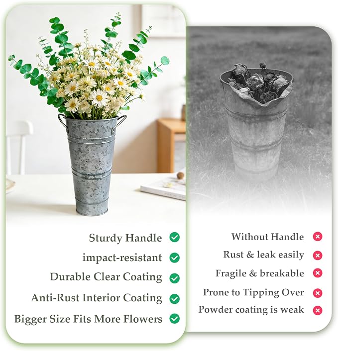 9 Inch Black Metal Flower Buckets, Set of 6 - Rustic Vases with Handles for Farmhouse & Wedding Decor, Tall Planters for Cut Flowers, Table Centerpiece & Home Organization