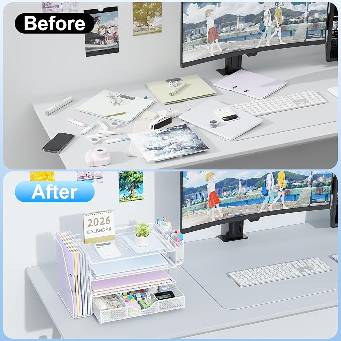 gianotter Desk Organizers and Accessories with File Holder, 4-Tier Desk Accessories & Workspace Organizers with Drawer and 2 Pen Holder, Paper Organizer for Office Supplies (White)