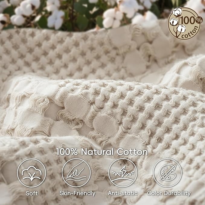 PHF 100% Cotton Waffle Blanket Twin Size, Lightweight Breathable Summer Blanket for Hot Sleepers, Pre-Washed Soft Layer for Bed, Dorm, Couch & Guest Room, Home Decor Gift, 66"x90", Light Taupe/Oatmeal