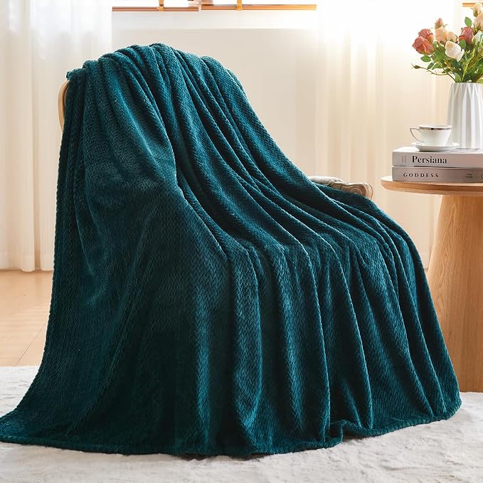 NEWCOSPLAY Fleece Leaves Pattern Queen Blanket, Dark Teal, 90"x90" | Super Soft Throw Blanket, Lightweight Cozy Bed Sofa Blanket, Premium Silky Flannel Fleece, Travel Blanket for All Season Use
