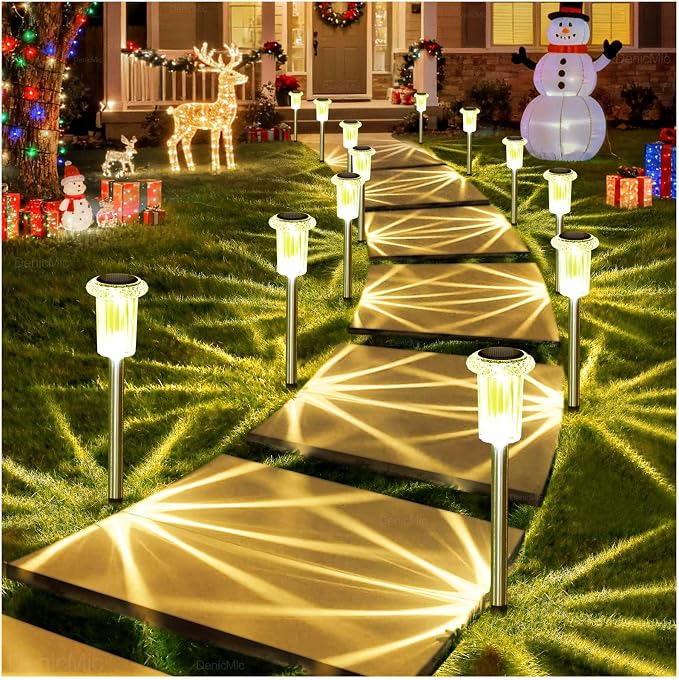 DenicMic 10 Pack Solar Pathway Lights Outdoor Waterproof Warm White LED | Stainless Steel Stake Lights for Garden Patio Backyard Driveway Walkway Lawn Auto On/Off 3000K Diamond-like Acrylic Lens