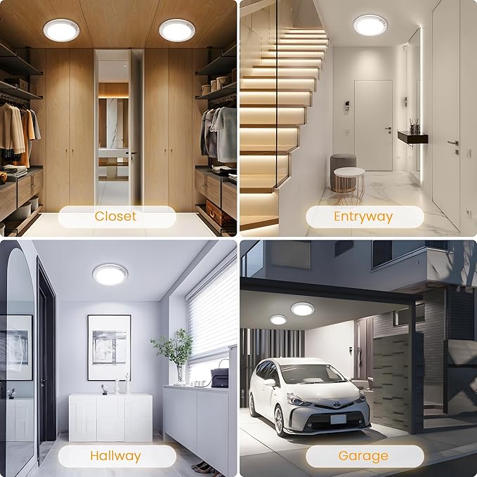 SunRider 4-Pack Rechargeable Motion Sensor LED Ceiling Light with Remote, Cordless Closet Lights Battery Operated, Dimmable 3CCT Magnetic Suction