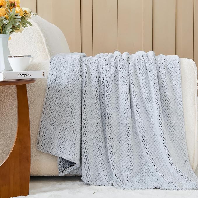 NEWCOSPLAY Fleece Leaves Pattern Twin Blanket, Frosty Dark Grey, 60"x80" | Super Soft Throw Blanket, Lightweight Cozy Bed Sofa Blanket, Premium Silky Flannel Fleece, Travel Blanket for All Season Use
