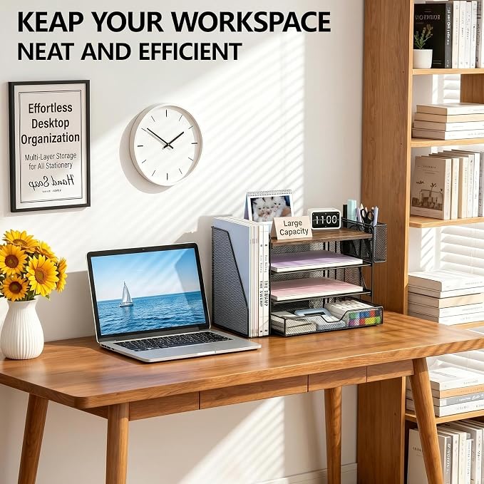 OPNICE Desk Organizers and Accessories, 4-Tier Desktop File Organizer with Drawer and Pen Holders, Office Desk Accessories Workspace Organizers for Office Supplies (Wood)