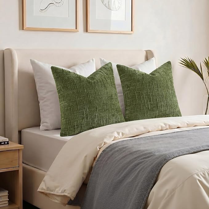 decorUhome Textured Chenille Throw Pillow Covers 18x18 Set of 2 Olive Green | Fall Modern Farmhouse Soft Cozy Slubby Couch Pillow Cases Boho Decorative Pillow Cases for Bed Sofa Living Room Home Decor