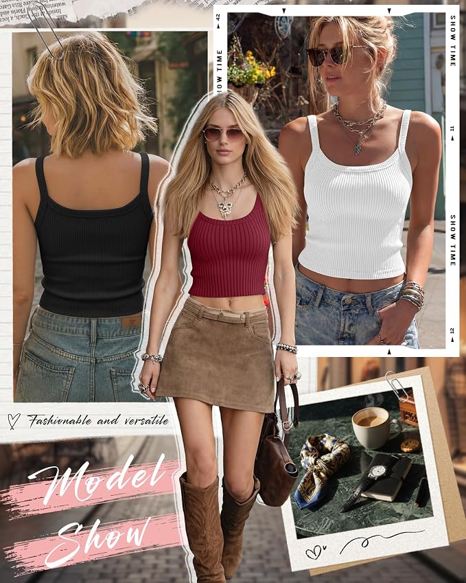 Ficerd 3 Pack Women's Tank Tops 95% Cotton Spaghetti Strap Ribbed Crop Camisole Slim Fitted Basic Summer Sleeveless Layer