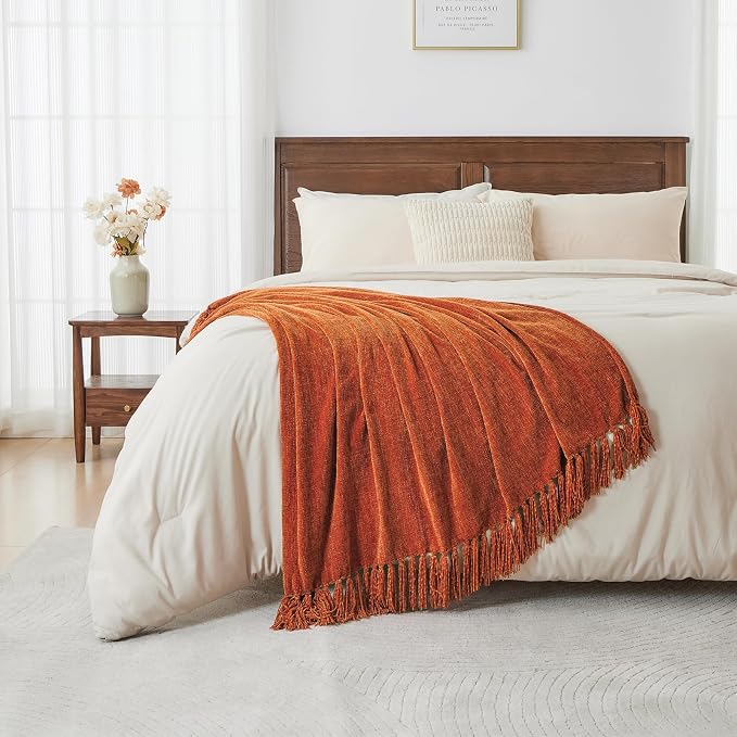 CozeCube Chenille Throw Blanket, Rust Orange Fringe Blanket, 50"X60" | For Couch, Cozy Plush Fuzzy Decorative Blanket with Fringe Tassels, Lightweight Throws for Bed Sofa Gift Home Decor
