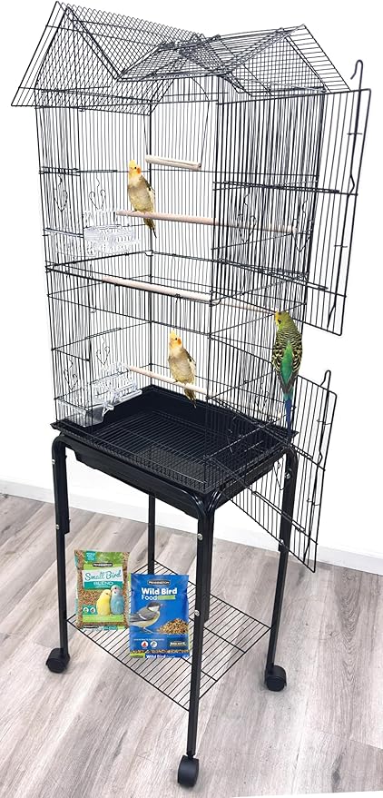63" Roof Top Bird Flight Parrot Pet House Home Cage with Removable Rolling Stand for Cockatiel Sun Conure Parakeet Finch Budgie Lovebird Canary