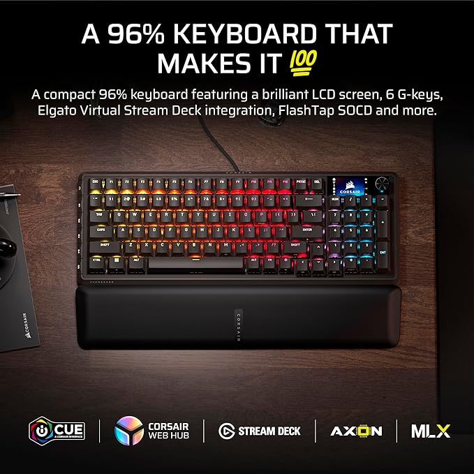Corsair Vanguard 96 Wired Mechanical Gaming Keyboard – 96% Layout, MLX Fusion Tactile Switches, 8000Hz Polling, LCD Display, Virtual Stream Deck, G-Keys, SOCD Flashtap, QWERTY US – Black