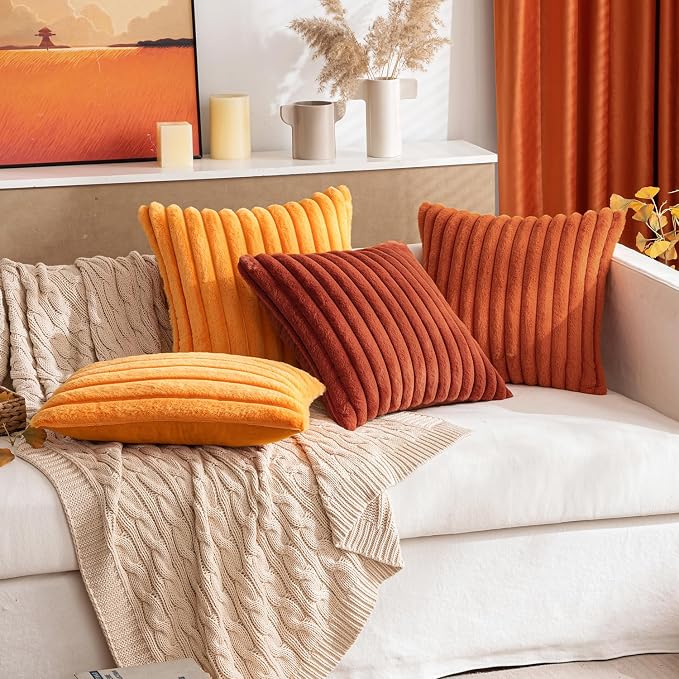 MIULEE Fall Faux Fur Decorative Throw Pillow Covers 18x18 Set of 2 Rust | Vintage Boho Modern Soft Plush Couch Pillows, Cozy Fluffy Cushion Covers for Sofa Bed Living Room Home Decor