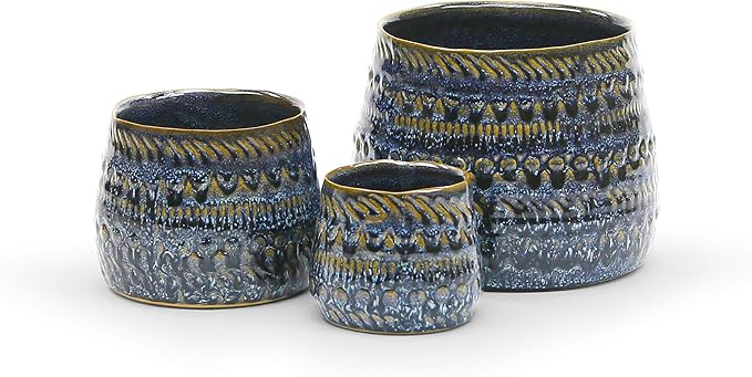WGV Ceramic Vase, Width 3.5", Height 3", Dark Blue Kano Pot, Textured Antique Pattern Planter Dome for Wedding Event Office Home Decor, 1 Piece