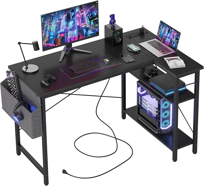 TIQLAB L Shaped Computer Desk with Power Outlets, 47 Inch Small Corner Desk with Reversible Shelves, Gaming Desk Computer Table Study Writing Table for Home Office Bedroom Small Space, Black