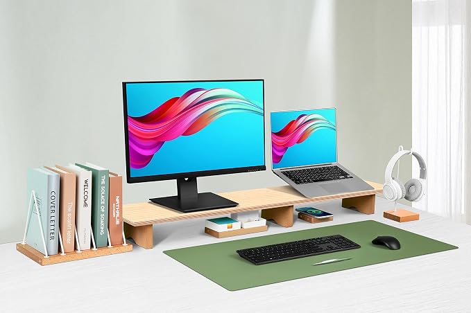 Aothia Large Dual Monitor Stand Riser, Solid Wood Desk Shelf with Eco Cork Legs for Laptop Computer/TV/PC/Printers, Perfect Desktop Stands Organizer with Underneath Storage for Office Accessories
