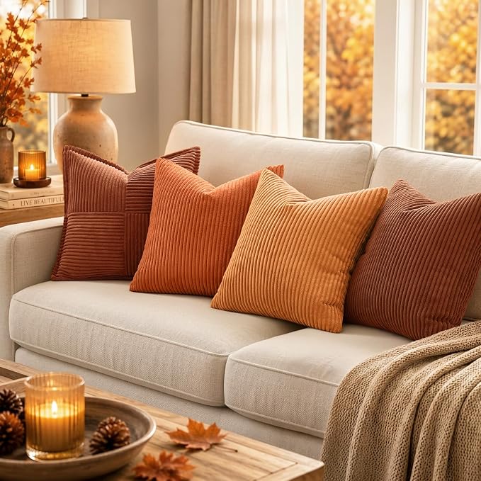 MIULEE Fall Soft Corduroy Throw Pillow Covers Set of 2 20x20 Dark Rust | Decorative Striped Textured Cushion Cases, Boho Rustic Square Pillowcases, Home Decor for Couch Chair Sofa Bed Living Room
