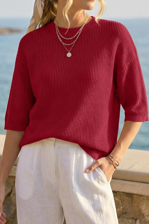 Arach&Cloz Womens Summer 100% Cotton Oversized Crochet Tops 3/4 Length Sleeve Sweater Hollow Out Casual Blouses 2026