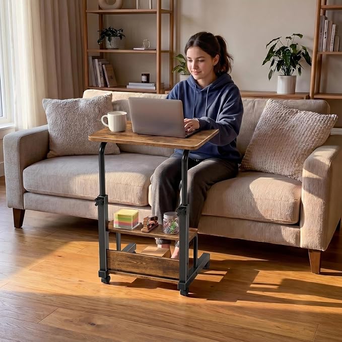 WINAZ C Shaped Rolling Laptop Desk - 24" Rustic Brown Mobile Desk with Wheels for Small Spaces, Height Adjustable Overbed Table with 2-Tier Storage Shelves