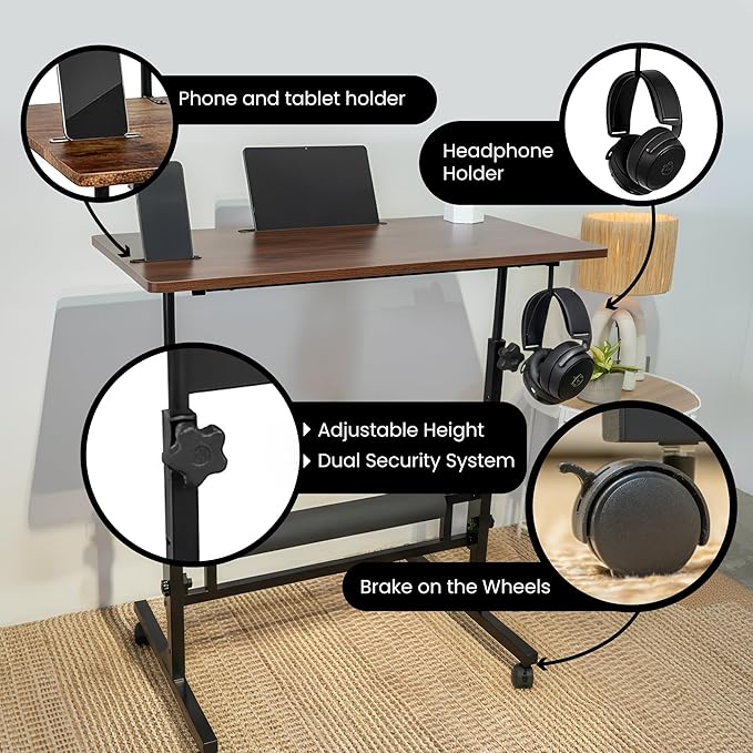 Small Rolling Desk with Wheels, Adjustable Height 27"-43.3" Portable Standing Desk, 31.5"x15.7" Tabletop, Mobile Laptop Computer Table for Home Office Workstation, Rustic Brown