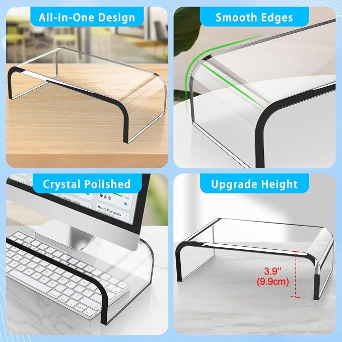 AboveTEK Acrylic Monitor Stand – Clear Monitor Riser & Computer Desk Stand, Premium Acrylic Laptop Stand for Home Office, PC TV Stand with Keyboard Storage Heavy Duty Desk Riser