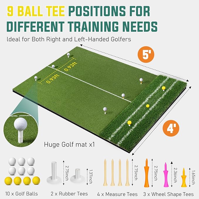 Dual Turf Golf Mat - Practice Indoor/Outdoor, 5 x 4 ft Hitting Mat with Alignment Lines, 9 Tees & Balls Accessories for Swing, Chipping, Putting
